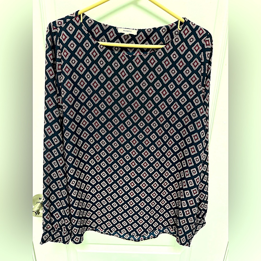 Pleione Women’s Blouse, Blue & Maroon, Pink & White Accents, Long Sleeve, Size M